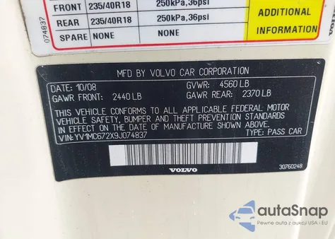 2009 Volvo C70 T5 from USA, damaged, VIN YV1MC672X9J074837